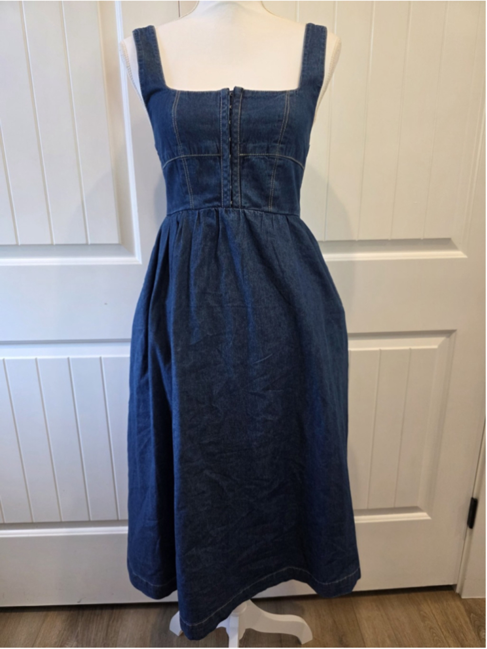 Lone Star Denim Midi Dress Sz XS 100% Cotton Western Prairie Pockets Hook & Eye - Picture 2 of 10